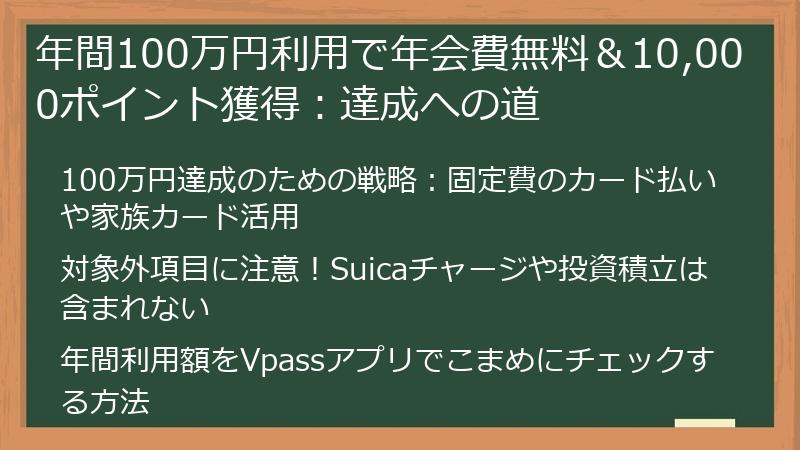 年間100万円利用で年会費無料＆10,000ポイント獲得：達成への道
