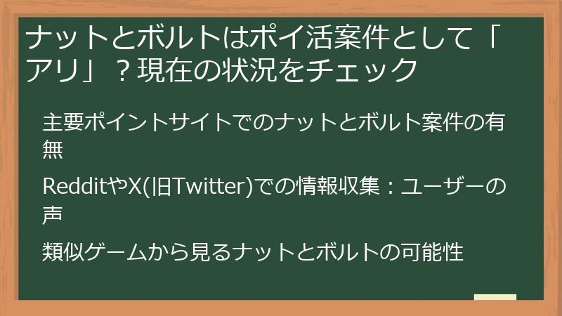 ナットとボルトはポイ活案件として「アリ」？現在の状況をチェック