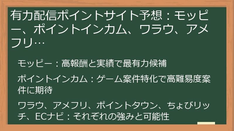 有力配信ポイントサイト予想:モッピー、ポイントインカム、ワラウ、アメフリ…