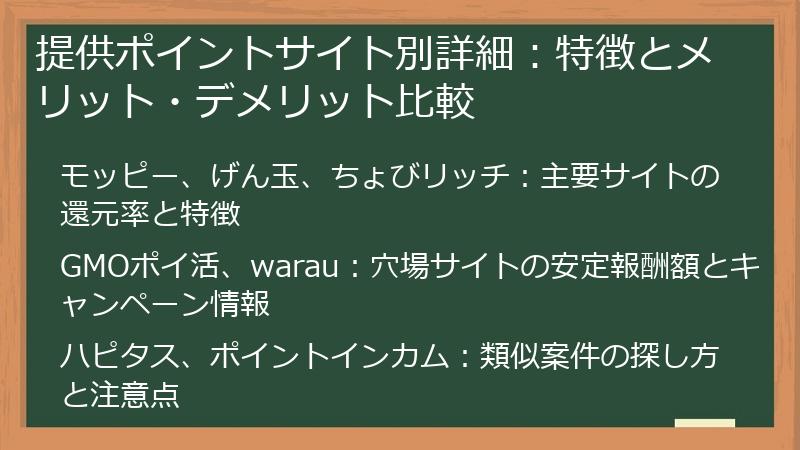 提供ポイントサイト別詳細：特徴とメリット・デメリット比較