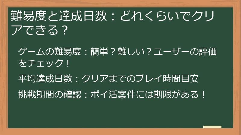 難易度と達成日数：どれくらいでクリアできる？