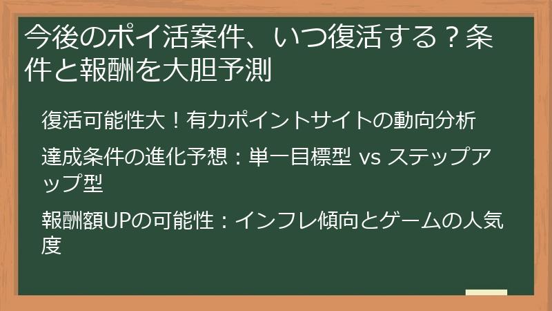 今後のポイ活案件、いつ復活する?条件と報酬を大胆予測