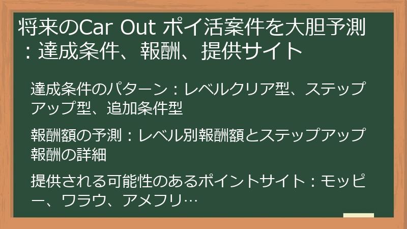 将来のCar Out ポイ活案件を大胆予測：達成条件、報酬、提供サイト