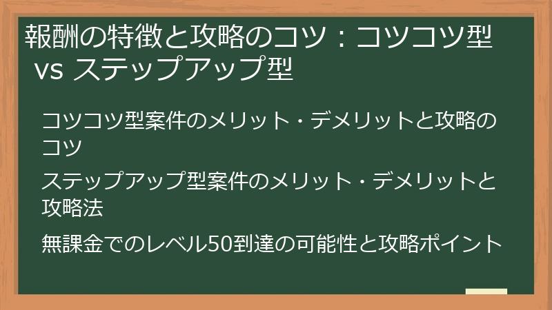 報酬の特徴と攻略のコツ：コツコツ型 vs ステップアップ型