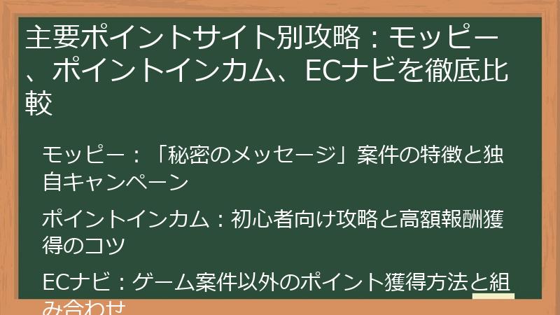 主要ポイントサイト別攻略：モッピー、ポイントインカム、ECナビを徹底比較