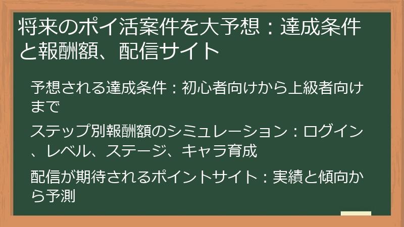 将来のポイ活案件を大予想：達成条件と報酬額、配信サイト
