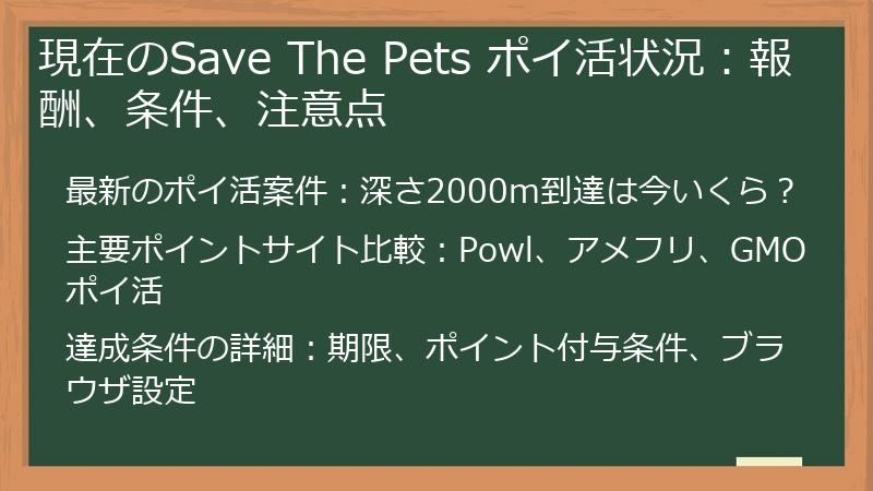 現在のSave The Pets ポイ活状況：報酬、条件、注意点