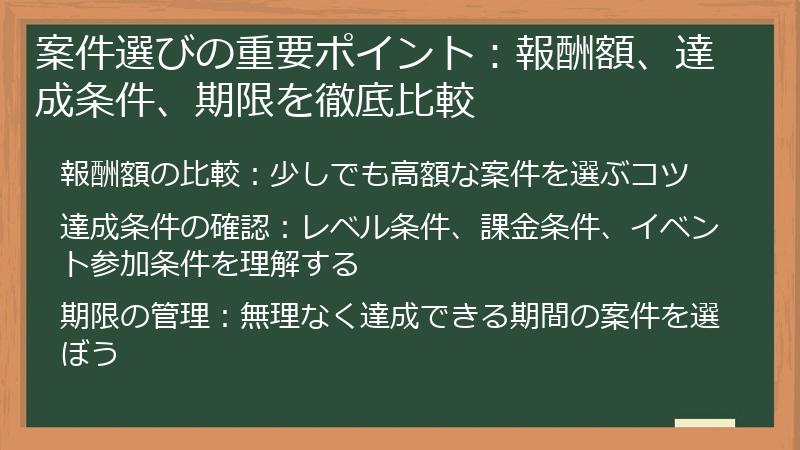 案件選びの重要ポイント：報酬額、達成条件、期限を徹底比較