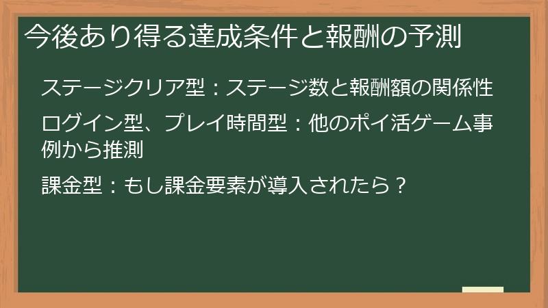 今後あり得る達成条件と報酬の予測