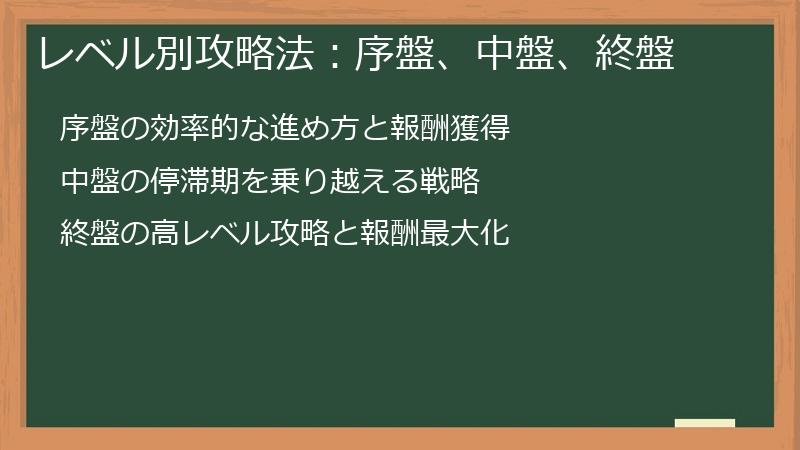 レベル別攻略法：序盤、中盤、終盤