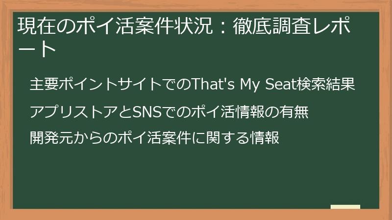 現在のポイ活案件状況：徹底調査レポート