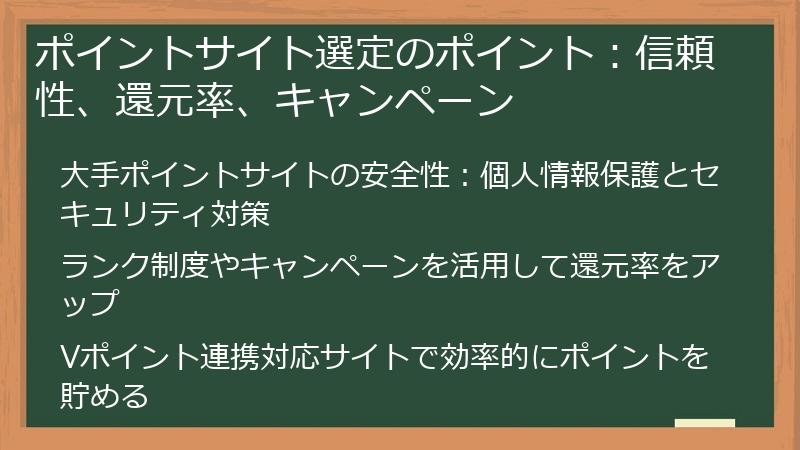 ポイントサイト選定のポイント：信頼性、還元率、キャンペーン