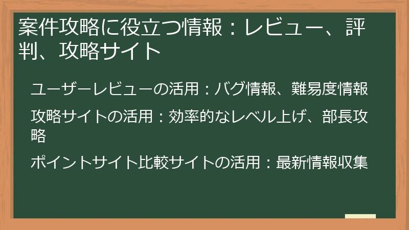 案件攻略に役立つ情報:レビュー、評判、攻略サイト