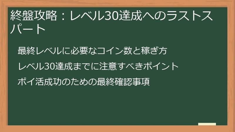 終盤攻略：レベル30達成へのラストスパート
