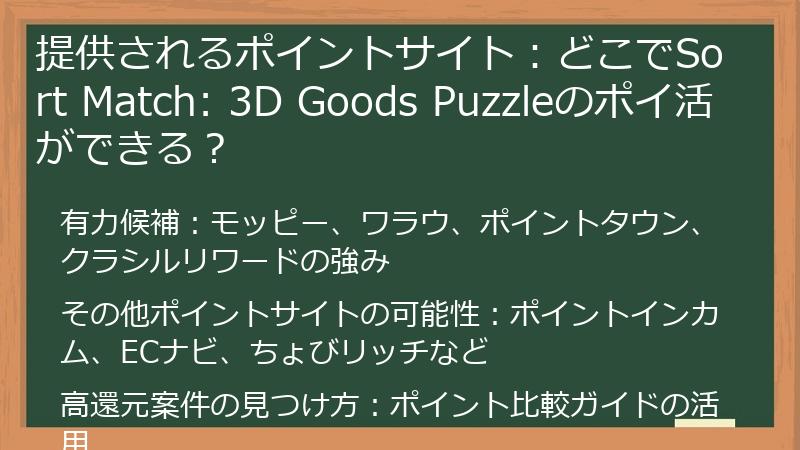提供されるポイントサイト：どこでSort Match: 3D Goods Puzzleのポイ活ができる？
