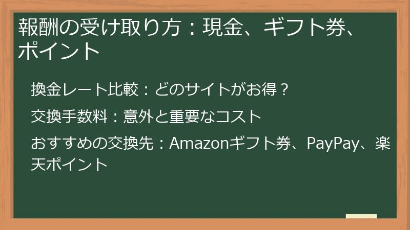 報酬の受け取り方：現金、ギフト券、ポイント