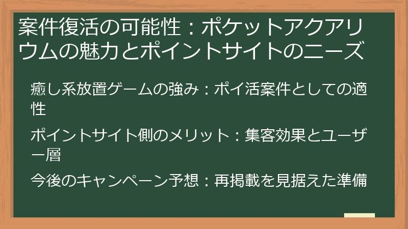 案件復活の可能性：ポケットアクアリウムの魅力とポイントサイトのニーズ