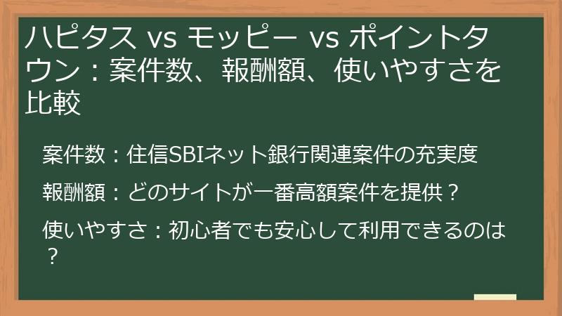 ハピタス vs モッピー vs ポイントタウン：案件数、報酬額、使いやすさを比較