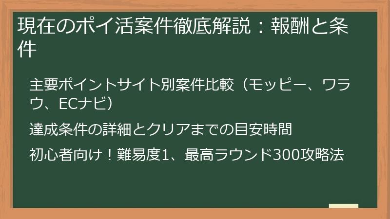現在のポイ活案件徹底解説：報酬と条件
