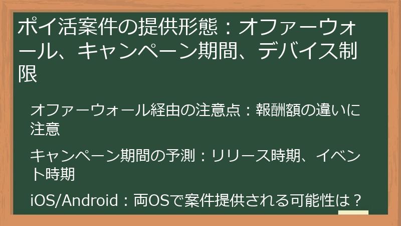 ポイ活案件の提供形態：オファーウォール、キャンペーン期間、デバイス制限