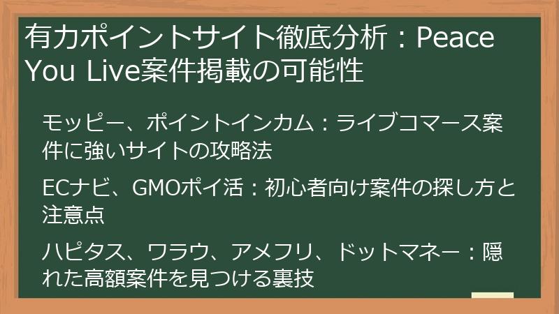 有力ポイントサイト徹底分析：Peace You Live案件掲載の可能性