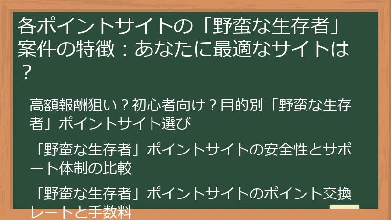 各ポイントサイトの「野蛮な生存者」案件の特徴：あなたに最適なサイトは？