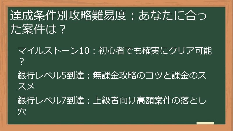 達成条件別攻略難易度：あなたに合った案件は？