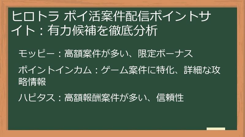 ヒロトラ ポイ活案件配信ポイントサイト：有力候補を徹底分析