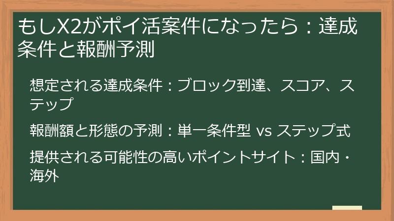 もしX2がポイ活案件になったら：達成条件と報酬予測