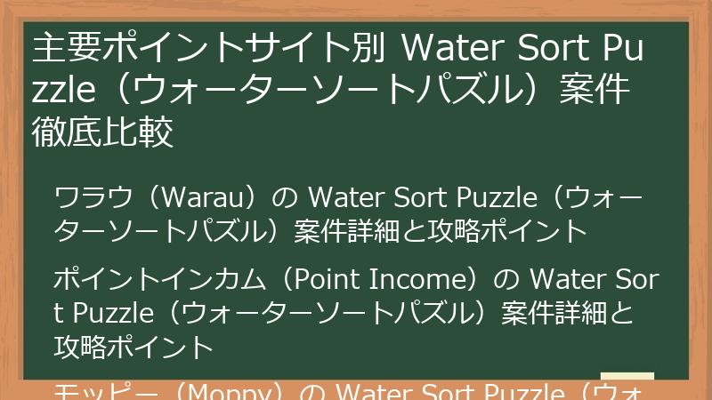 主要ポイントサイト別 Water Sort Puzzle（ウォーターソートパズル）案件徹底比較