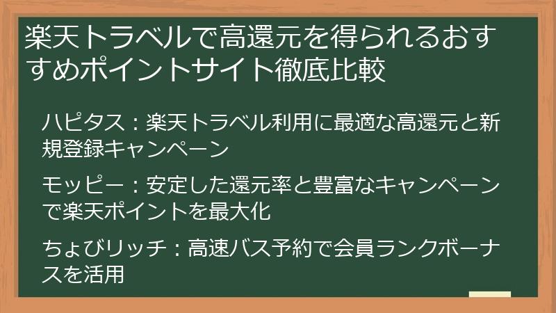 楽天トラベルで高還元を得られるおすすめポイントサイト徹底比較