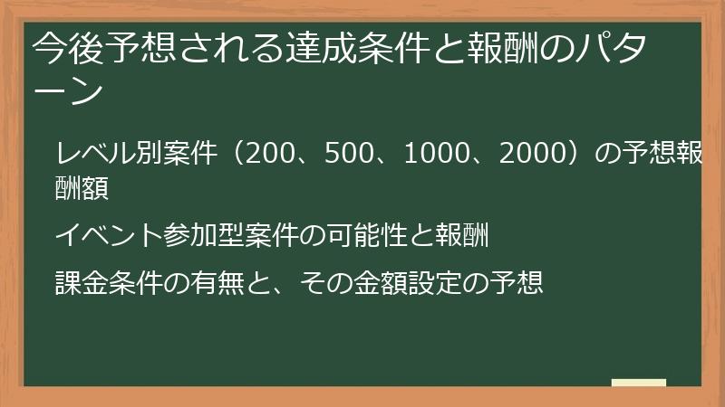 今後予想される達成条件と報酬のパターン