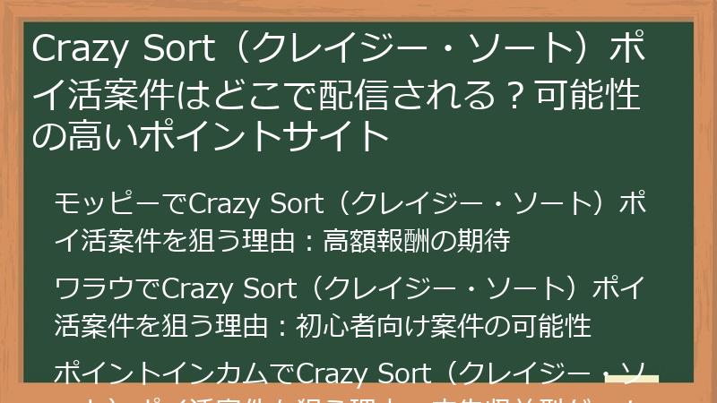 Crazy Sort（クレイジー・ソート）ポイ活案件はどこで配信される？可能性の高いポイントサイト