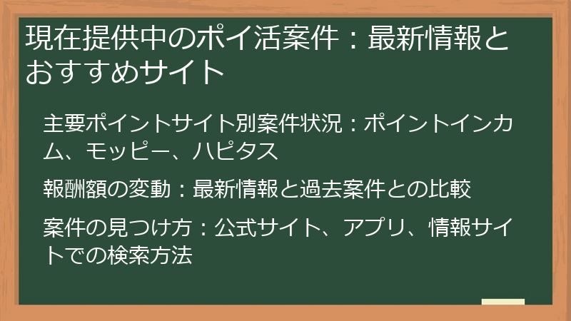 現在提供中のポイ活案件：最新情報とおすすめサイト