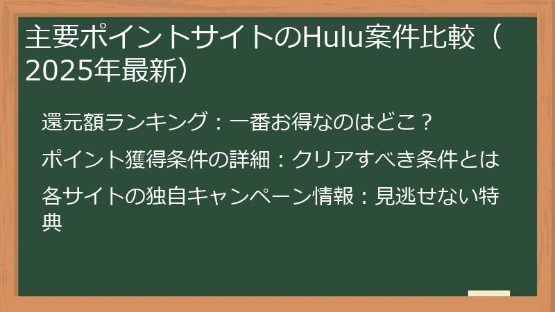 主要ポイントサイトのHulu案件比較（2025年最新）