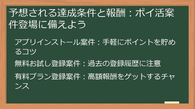 予想される達成条件と報酬：ポイ活案件登場に備えよう