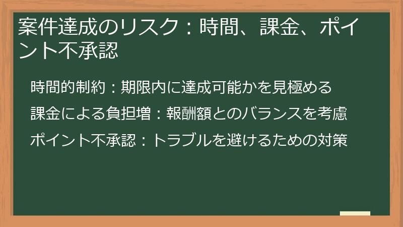 案件達成のリスク：時間、課金、ポイント不承認