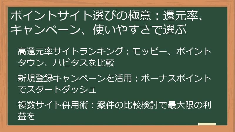 ポイントサイト選びの極意：還元率、キャンペーン、使いやすさで選ぶ