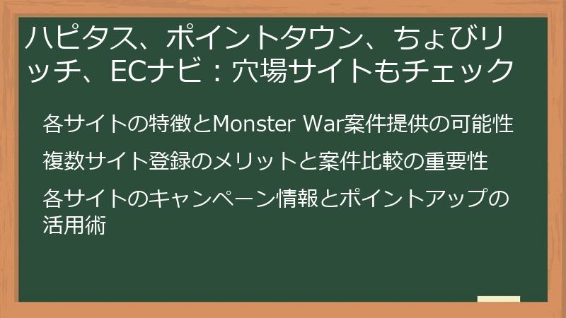 ハピタス、ポイントタウン、ちょびリッチ、ECナビ：穴場サイトもチェック