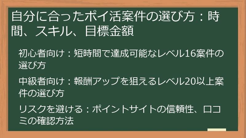 自分に合ったポイ活案件の選び方：時間、スキル、目標金額