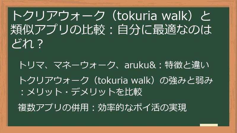 トクリアウォーク(tokuria walk)と類似アプリの比較:自分に最適なのはどれ?