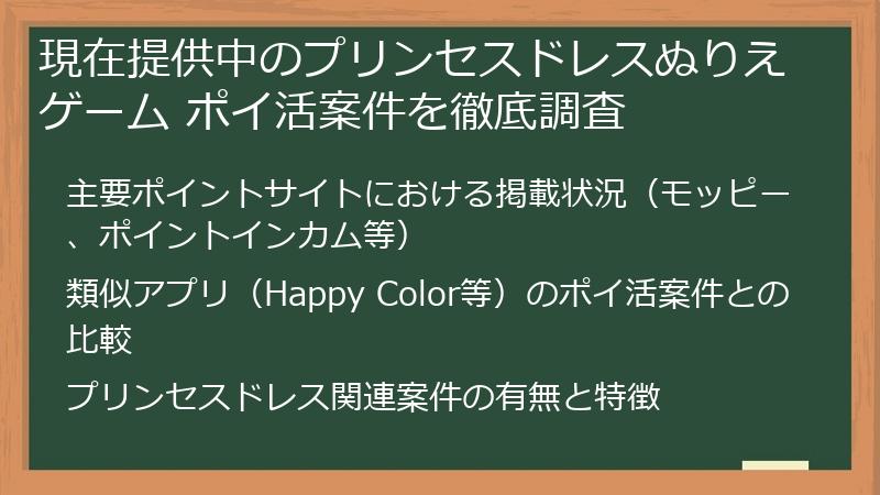 現在提供中のプリンセスドレスぬりえゲーム ポイ活案件を徹底調査