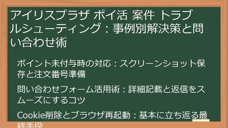 アイリスプラザ ポイ活 案件 トラブルシューティング：事例別解決策と問い合わせ術