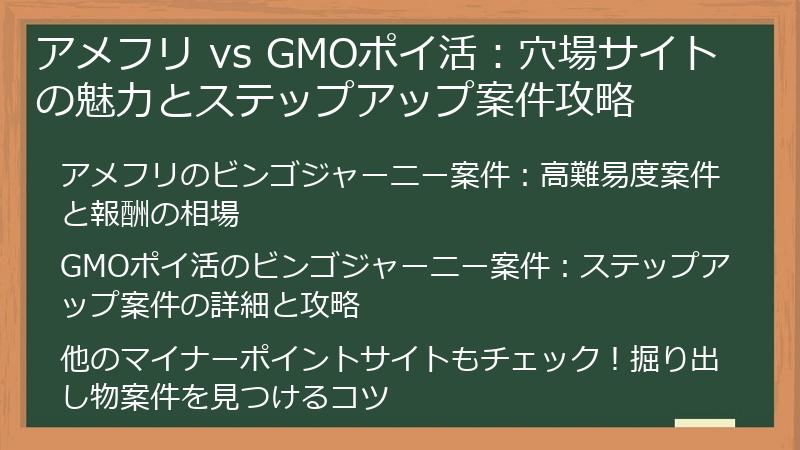 アメフリ vs GMOポイ活：穴場サイトの魅力とステップアップ案件攻略