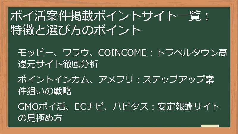 ポイ活案件掲載ポイントサイト一覧：特徴と選び方のポイント