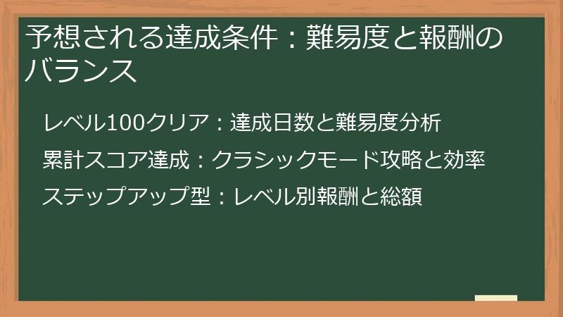 予想される達成条件:難易度と報酬のバランス