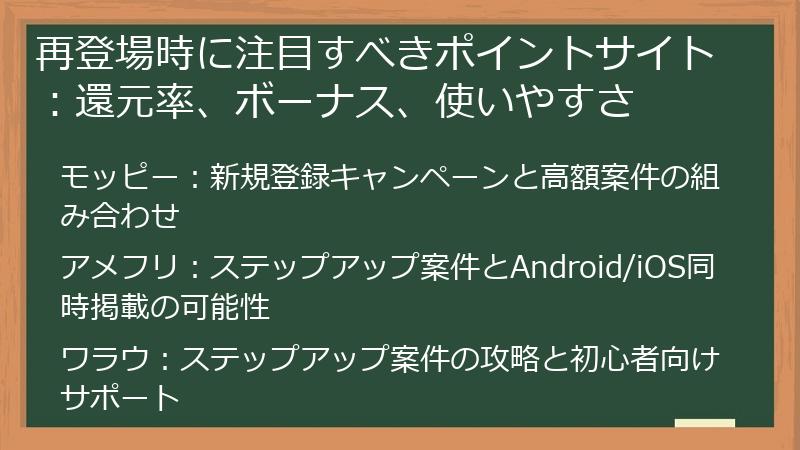 再登場時に注目すべきポイントサイト：還元率、ボーナス、使いやすさ