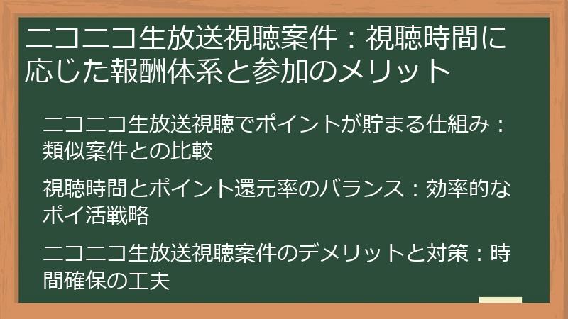ニコニコ生放送視聴案件：視聴時間に応じた報酬体系と参加のメリット