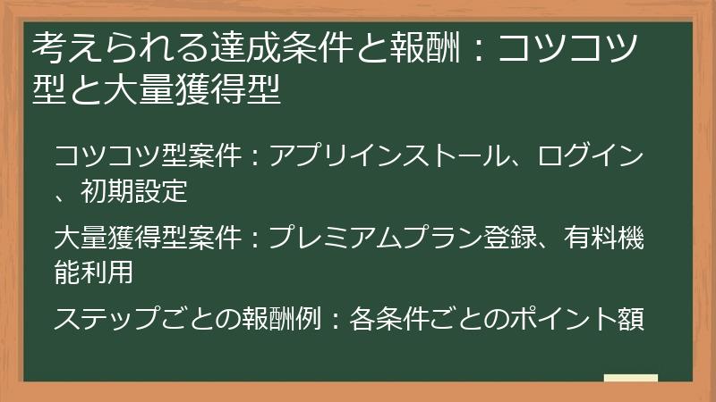 考えられる達成条件と報酬：コツコツ型と大量獲得型