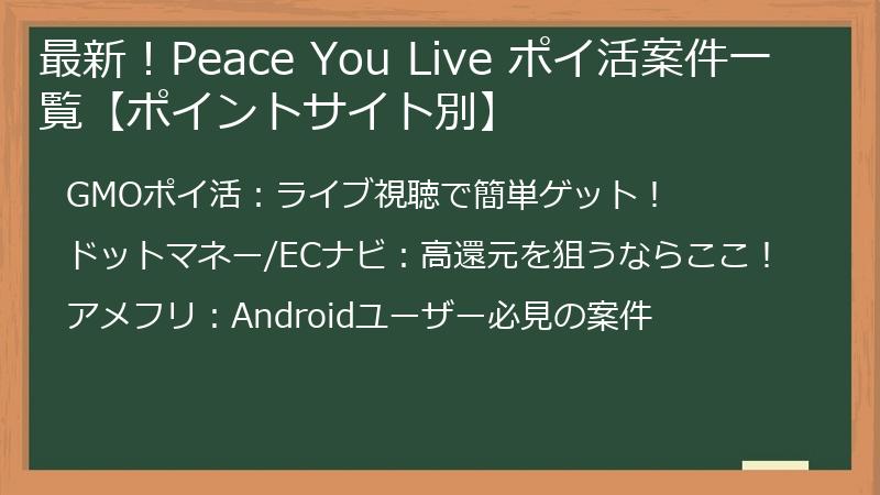 最新！Peace You Live ポイ活案件一覧【ポイントサイト別】